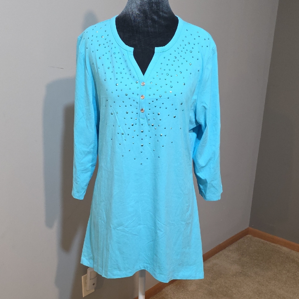 Quacker Factory Turquoise Rhinestone Embellished Tunic‎ Top NWT Size M